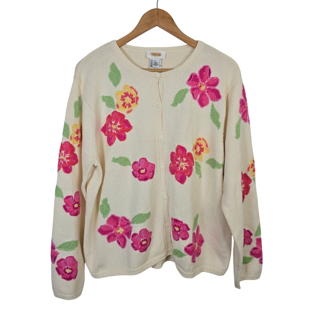 Talbots Floral Embroidered Cotton Cardigan Sweater XL Cream Pink Yellow NWT